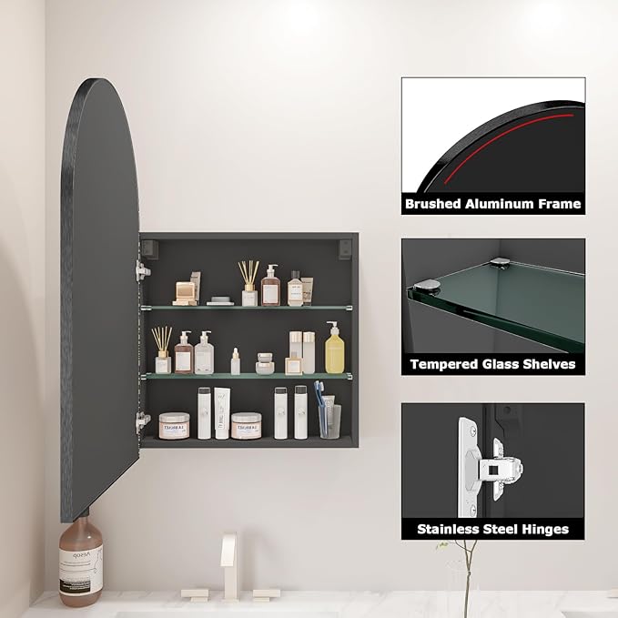 FKWin Bathroom Mirror with Storage, Medicine Cabinet Mirror for Left or Right Opening, Surface Mount Medicine Cabinet not Recessed, Bathroom Vanity Mirror with Storage, Black, 20x30 inch