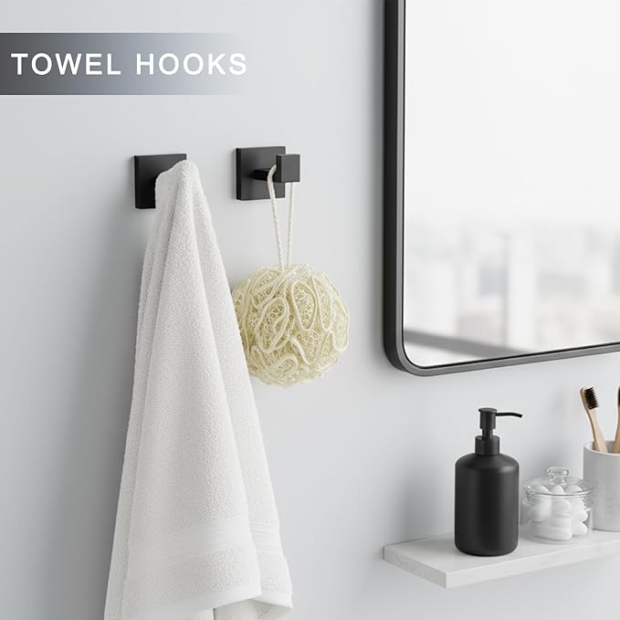 24 Inch Bathroom Accessories Set, 10-Pieces Matte Black Bathroom Hardware Set, Stainless Steel Bath Towel Bar Set, Towel Rack Set Toilet Paper Holder with Shelf, Towel Hooks, Towel Rings Wall Mounted