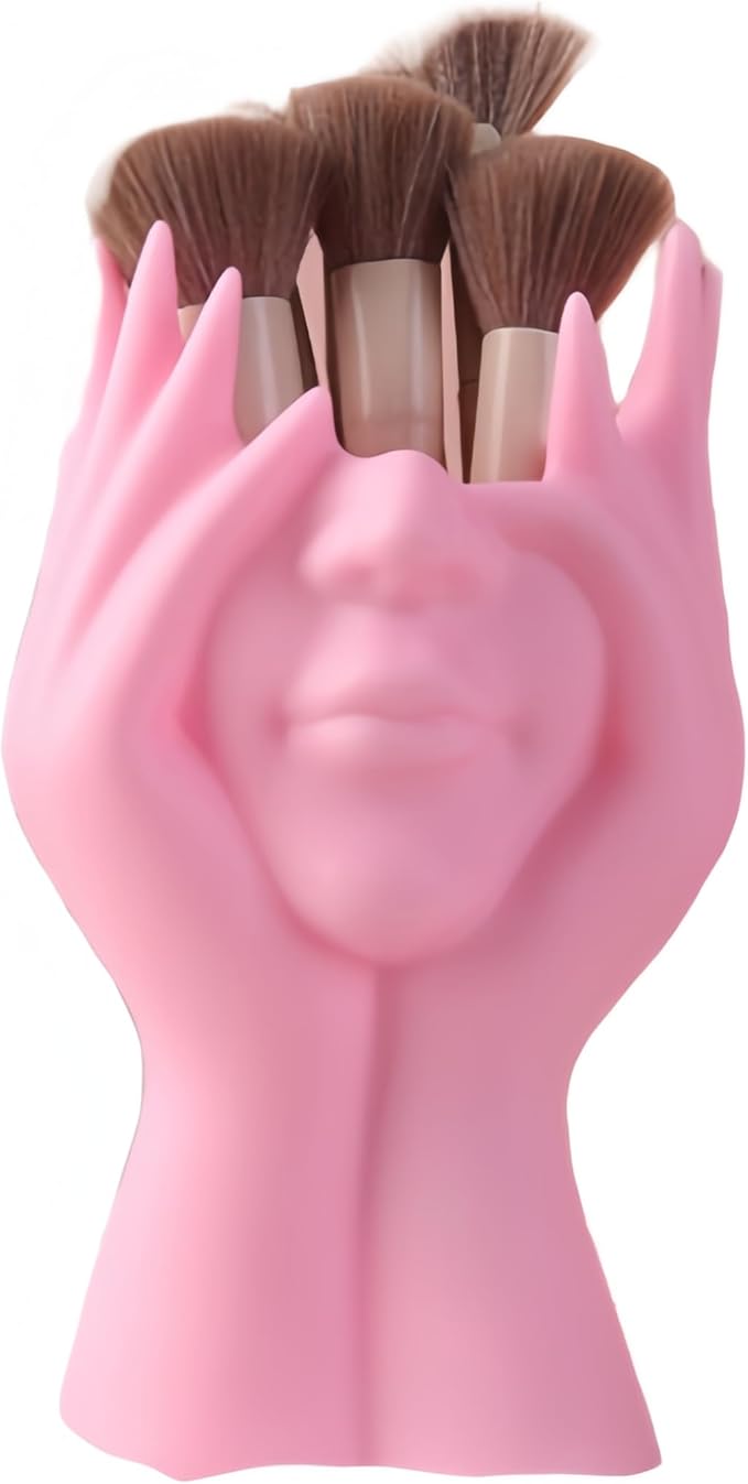 Make Up Brush Holder Organizer Face-Shaped Pen Holder Vase Organizer Abstract Art Face Hand Design Travel Cosmetic Holder | Makeup Organizer For Brushes (pink)