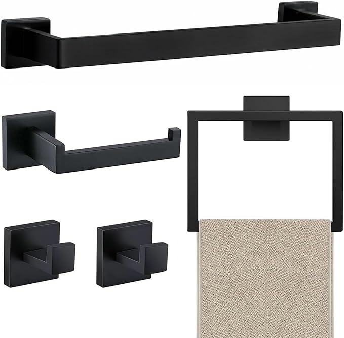 5 Piece Bathroom Towel Bar Set - SUS304 Stainless Steel Bath Towel Holder, 15.7 Inch Towel Racks for Bathroom Wall Mounted, Bathroom Hardware Accessories Set - Matte Black