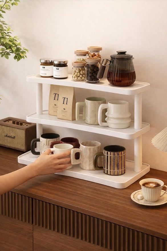 Bamboo Desktop Perfume Organizer Shelf – Wooden Storage Rack for Perfume, Makeup, Coffee Mugs – Natural Bamboo Display Stand for Vanity, Bathroom, Office (White, 3)