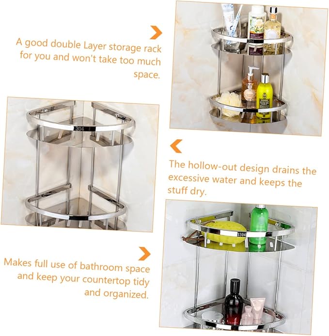 Garneck Stainless Steel Double Layer Triangle Corner Storage Rack Bathroom Organizer Shelf for Toiletries and Essentials Material Space-Saving Design