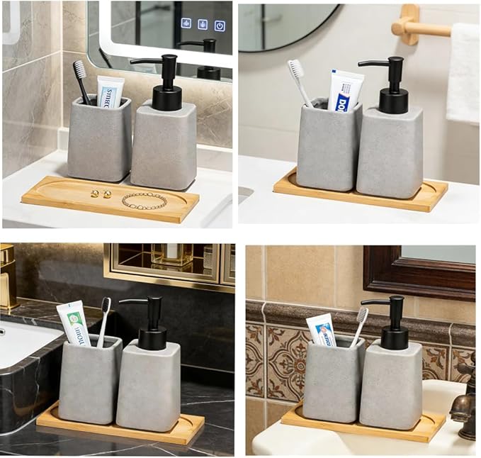 Grey Ceramic Bathroom Accessories Set,Soap Dispenser and Toothbrush Holder with Wooden Tray,Countertop Organizer for Stylish Bathroom