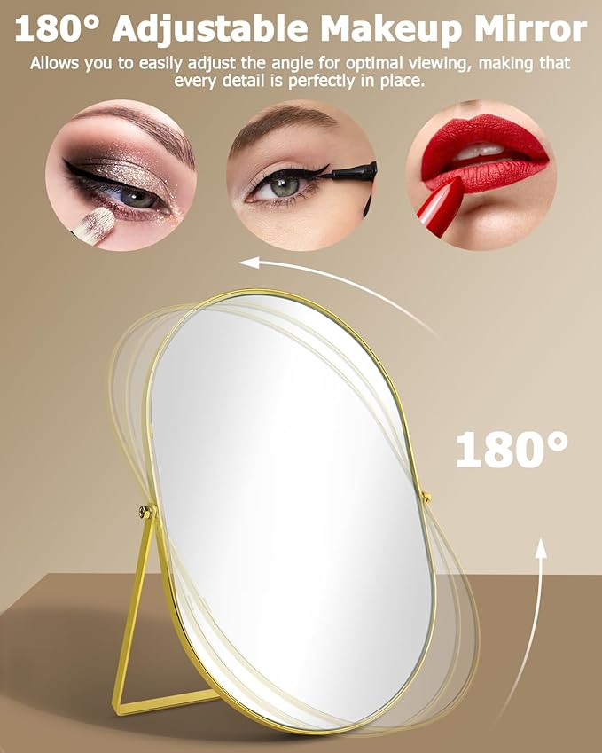 Vanity Desk Table Mirror, Adjustable Rotation Oval Tabletop Standing Makeup Mirror with Metal Framed for Living Room, Bedroom, Bathroom, Gold