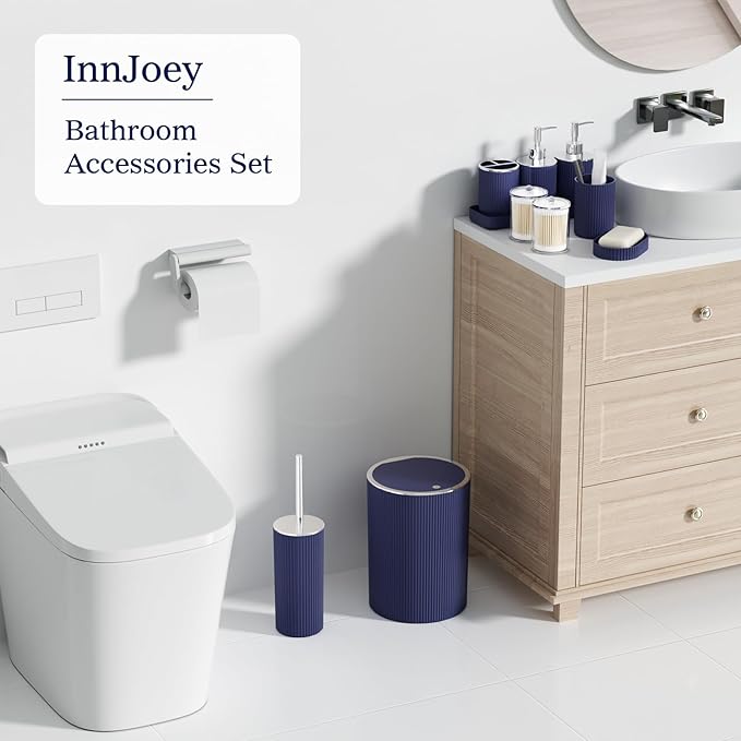 Navy Blue Bathroom Accessories Set, 10PC Bathroom Set, Bath Accessory with Pop Up Trash Can, Soap Dispenser, Toilet Brush, Toothbrush Set Qtip Holders & Tray