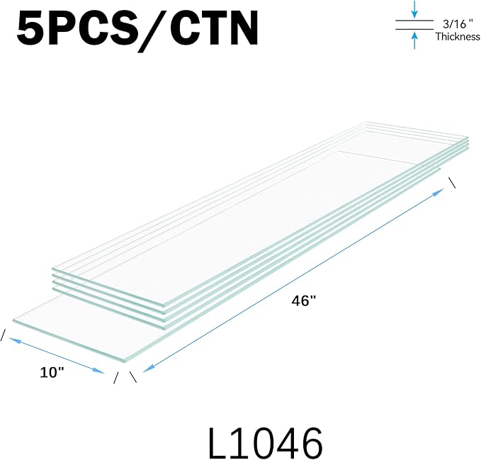 10" x 46" 5-PCS Tempered Glass Shelf, Rectangular Frameless Glass Shelves - 3/16" Thick, Suitable for Bookshelves, Display Cases, Retail Fixtures and Tabletops
