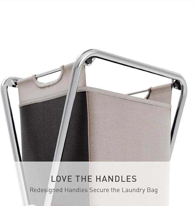 simplehuman single x-frame laundry hamper, 100% recycled polyester removable laundry baskets with easy carry handles, heavy-gauge steel frame, chrome, 65L