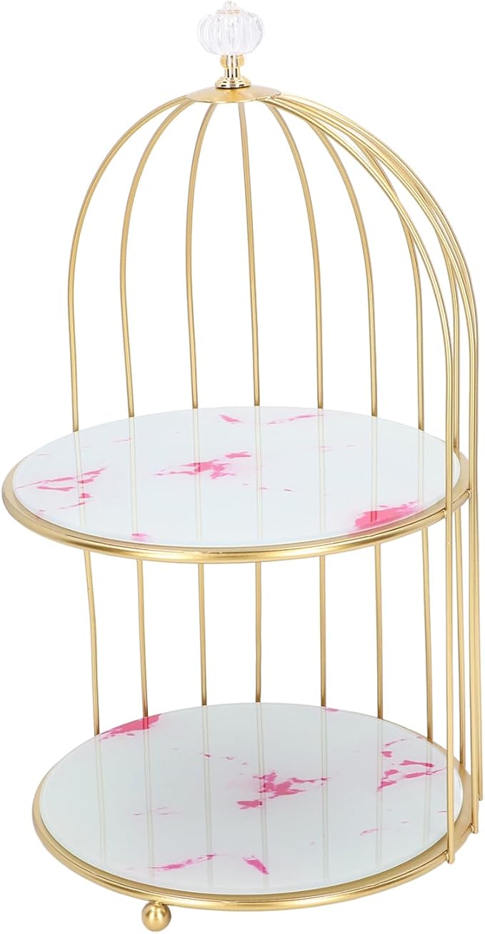 Double Layer Storage Shelf Bird Cage Organizer Display Rack for Bathroom Countertop Dressing Table Gold Frame (Pink Stone Pattern)