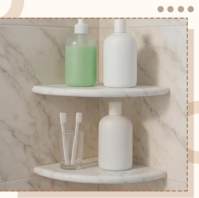 Chunful 2 Pcs White Marble Corner Shower Shelf for Bathroom 9 x 9 Inch Wall Mounted Both Sides Polished Marble Corner Shelves Shower Caddy for Bathroom Wall (Stylish)