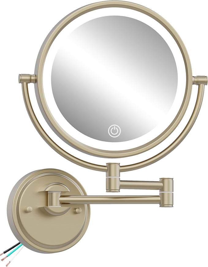 10" Wall Mount Magnifying Mirror with Light Gold HardWired, 1X/5X Double-Sided LED 3 Color Touch Dimming Extended Arm 360 Rotation Cosmetic Light up Mirror for Bathroom, Satin Brushed Gold