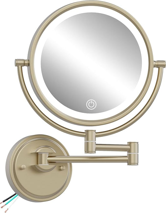 10" Wall Mount Magnifying Mirror with Light Gold HardWired, 1X/5X Double-Sided LED 3 Color Touch Dimming Extended Arm 360 Rotation Cosmetic Light up Mirror for Bathroom, Satin Brushed Gold