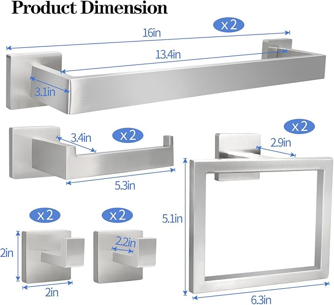 10pcs Bathroom Hardware Set, 16in Towel Bar Set, Including Square Towel Bar Square Towel Ring Toilet Paper Holder Towel Hooks, Set SUS304 Stainless Steel, Wall Mounted
