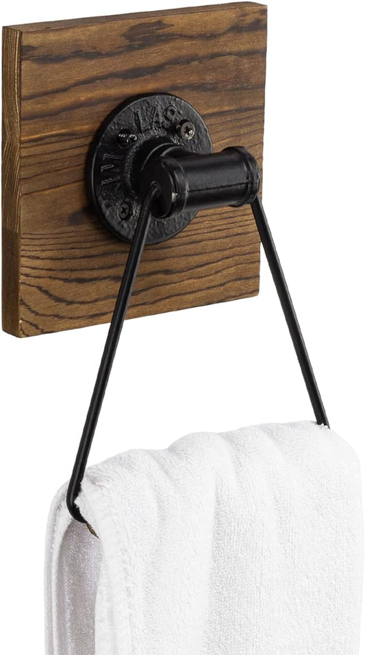 MyGift Bathroom Hand Towel Holder, Towel Rack Ring 5.5x8.7 inch for Kitchen, Laundry Room, Matte Black Industrial Metal with Rustic Solid Burnt Wood