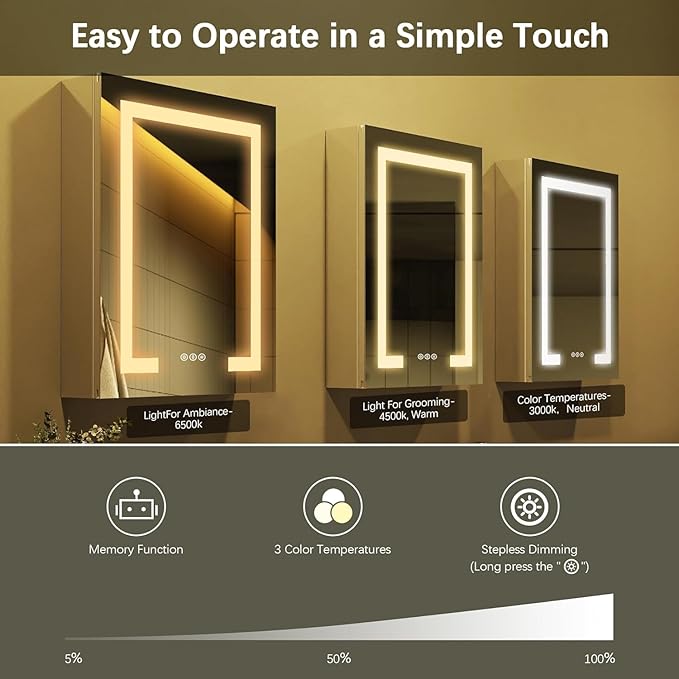 20x26 Inch Bathroom Medicine Cabinet with Mirror, Lighted Bathroom Mirror Cabinet, Recessed/Surface Mount Medicine Cabinet with Socket & USB, Anti-Fog, 3 Colors Temperature, Dimmable Light