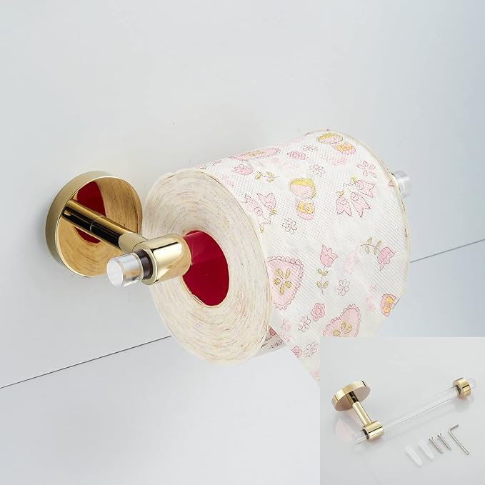 3 Pieces Bathroom Accessories Hardware Set Wall Mounted,Towel Rack 16 inches+Toilet Paper Holder+Hook,Acrylic and Brass,Gold Towel Bar Set SHUNLI