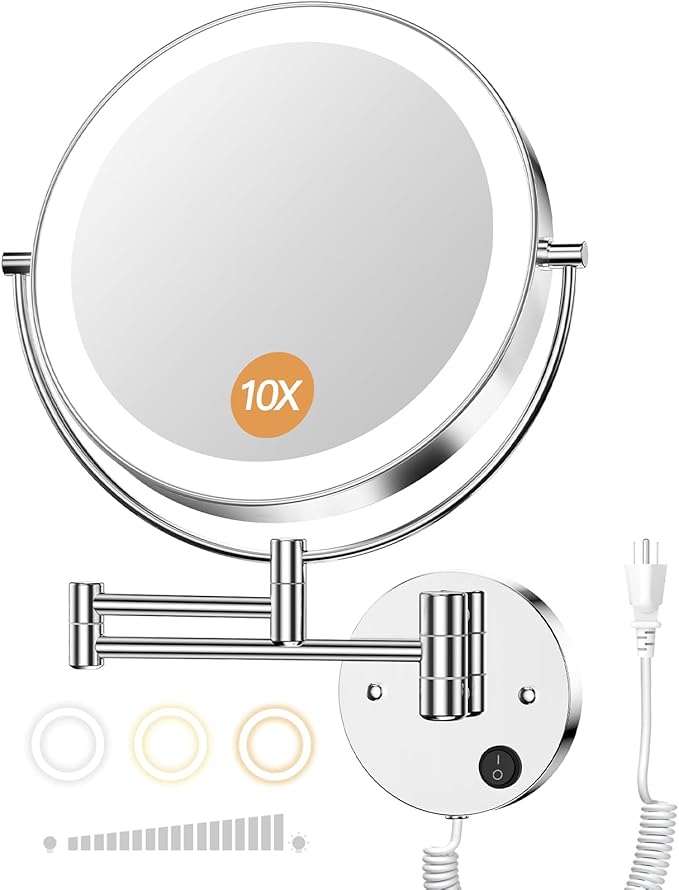 Gospire 9” Wall Mounted Lighted Magnifying Mirror, 1X/10X Magnification Double-Sided LED Bathroom Mirror, 3 Color Lights & Stepless Dimming with Touch Sensor, Extendable Arm 360° Swivel for Shaving