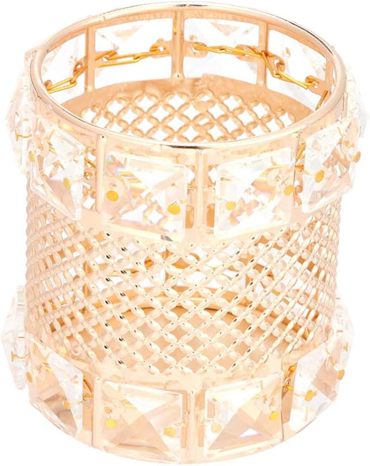 AKOAK 1 Pack Nordic Style Crystal Pen Holder Makeup Brush Eyebrow Pencil Storage Box, Square/Love-shaped/Round Metal Living Room Bedroom Dressing Table Creative Decoration (Gold - Round)
