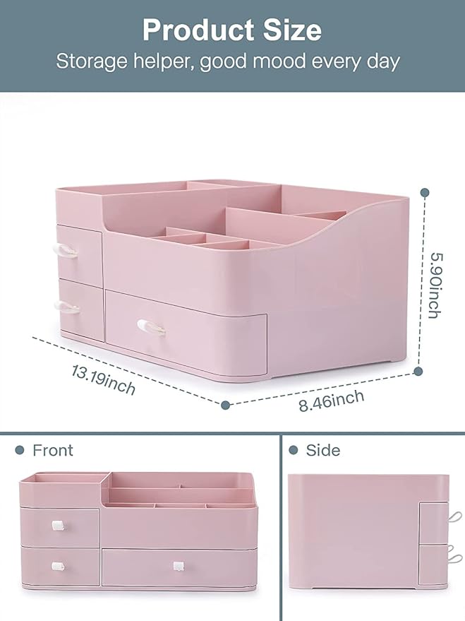 BREIS Makeup Organizer for Vanity,Large Countertop Organizers with Drawers,Dresser Bathroom Cosmetics Organization and Storage for Perfume Skin Care Nail Polish Brushes Eyeshadow Lipstick (Pink)