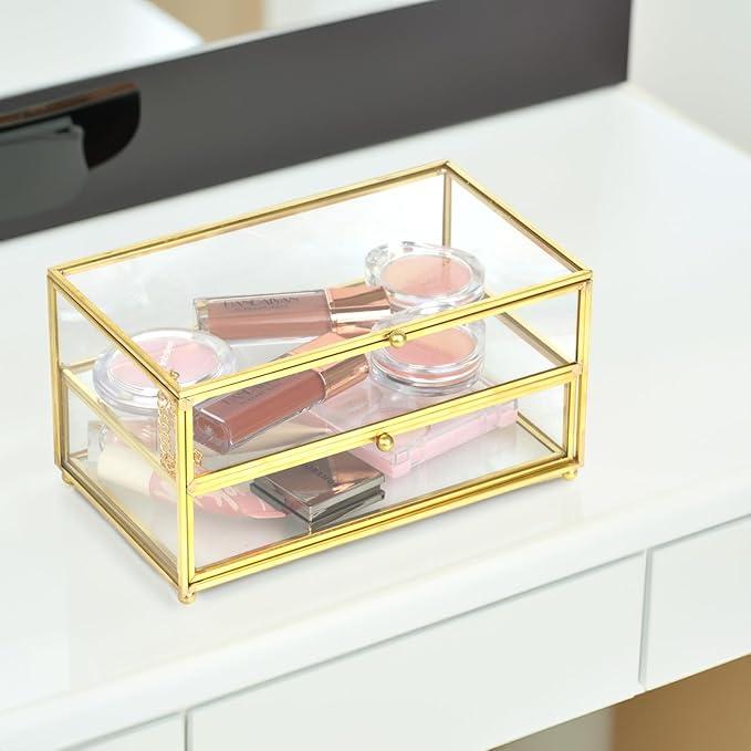 2-Tier Vintage Clear Desk Organizer with Drawer,Gold Decorative Storage Boxes,Jewelry Holder Display Tray Trinket Boxes Glass Memory Keepsake Box Dresser Vanity Wedding Decor Gifts for Her (Gold)