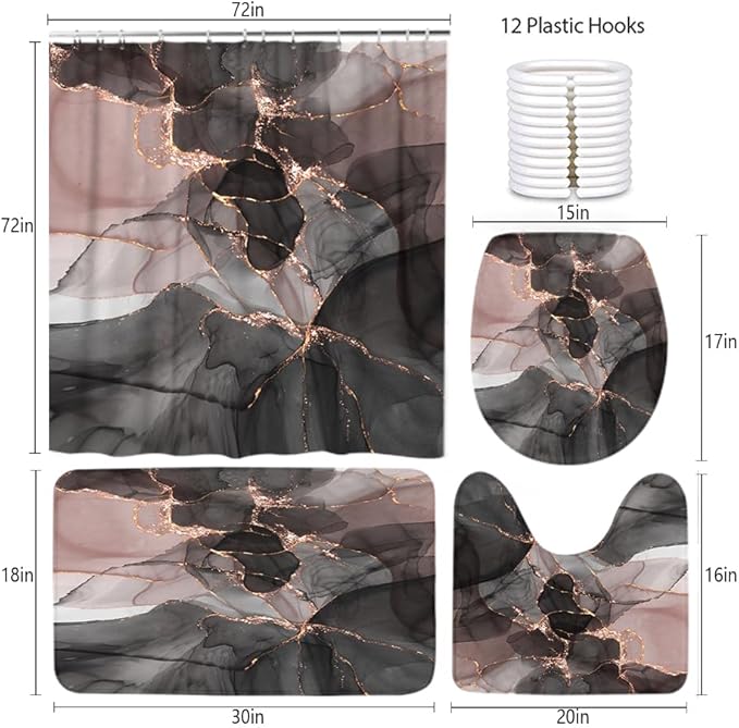 Ansouyi 4Pcs Bathroom Shower Curtain Sets with Non-Slip Rugs, Toilet Lid Cover and Bath Mat, Abstract Pink Gold Black Marble Durable Waterproof Shower Curtain for Bathroom Set, 72x72 Inch