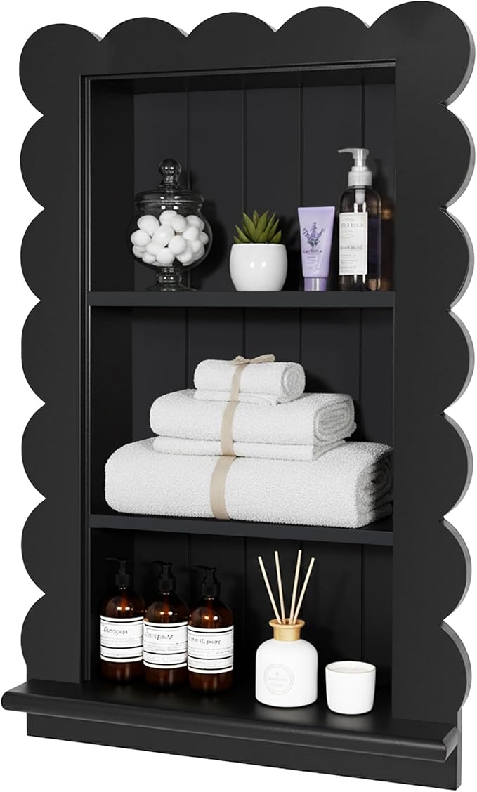 Royxen 14"x18" Recessed Medicine Cabinet, 2-Tier Wooden Bathroom Wall Cabinets Without Mirror,Scalloped Large Medicine Cabinet Niche for Bathroom Storage Organizer (Black, 18 x 24 Inch)