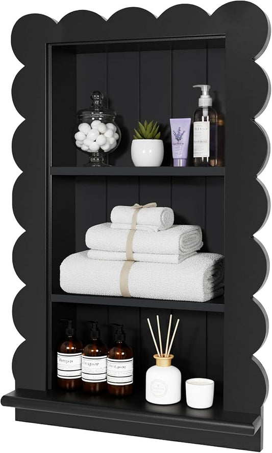 Royxen 14"x18" Recessed Medicine Cabinet, 2-Tier Wooden Bathroom Wall Cabinets Without Mirror,Scalloped Large Medicine Cabinet Niche for Bathroom Storage Organizer (Black, 18 x 24 Inch)