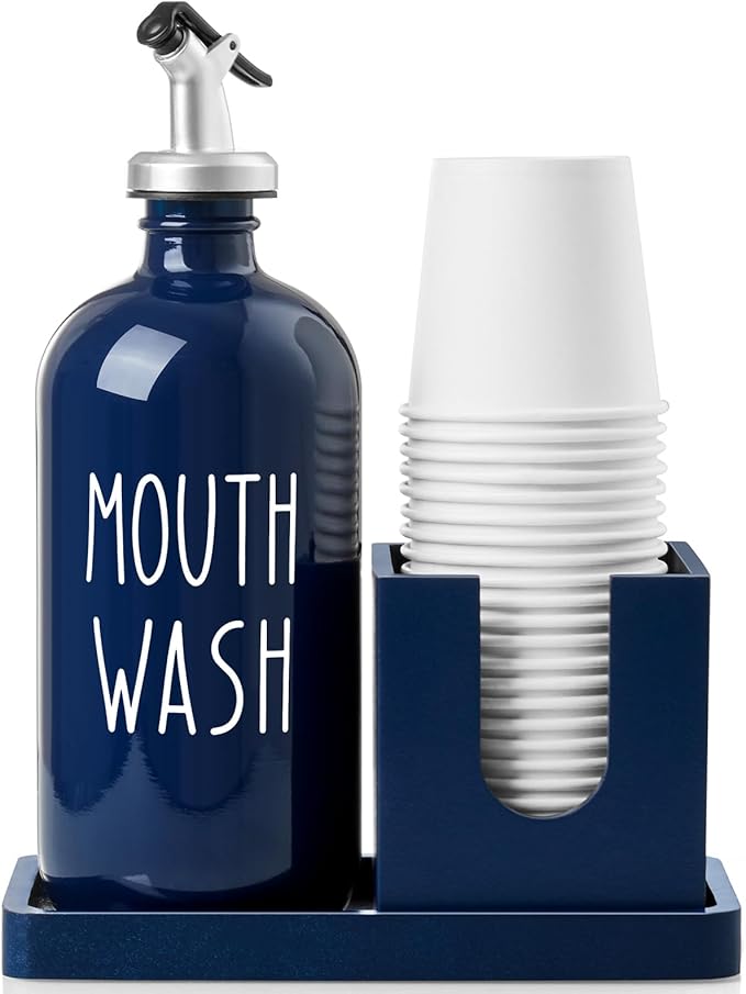 Glass Mouthwash Dispenser for Bathroom, 16 OZ Mouthwash Dispenser with Pour Spout and Wood Cup Holder and Tray, Mouth Wash Bottle Container, Farmhouse Kitchen Bathroom Decor and Accessories, Navy Blue