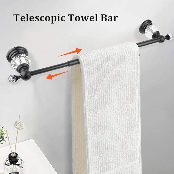 Black Crystal Bathroom Hardware Adjustable 24 Inch Towel Bar Set Toilet Paper Holder Towel Ring Coat Hooks Bathroom Accessories 4 Pieces Wall Mounted