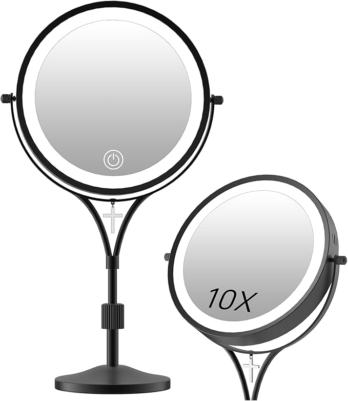 Lighted Makeup Mirror with Magnification, 1x/10x Magnifying Mirror with 3 Color and Blessed Cross, 7" Rechargeable Brightness Dimmable Height Adjustable Vanity Mirror, Christian Women Gift