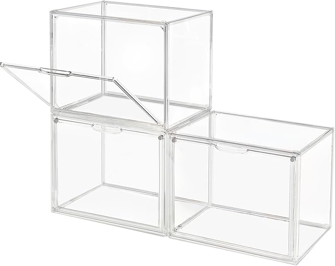GUDEMAY Clear Stackable Plastic Storage Bins with Magnetic Lid, Dustproof Book & Cosmetic Acrylic Display Cases, Large Figures Collectibles Showcase, Shoe Box, Protection Organizer (L, Count, 3)
