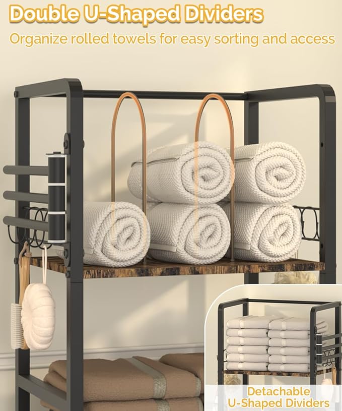 Mondazie Free Standing Towel Racks for Bathroom with 3 Rotating Bars, 3-Tier Floor Towels Holder Stand with Detachable Dividers, Pool Towel Storage Organizer with 8 S-Hooks for Home, Poolside, Black