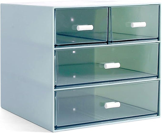 Makeup Organizer, Desk Organizer with 4 Drawers, Sundries Storage，Vanity Cosmetic Storage Box, Bathroom Counter or Dresser, Blue (QBH-4CT-2)