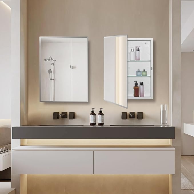 IDYLLOR Bathroom Medicine Cabinet with Beveled Edge Mirrored Door 16 x 36 inch, Recessed or Surface Mount, with Adjustable Glass Shelves