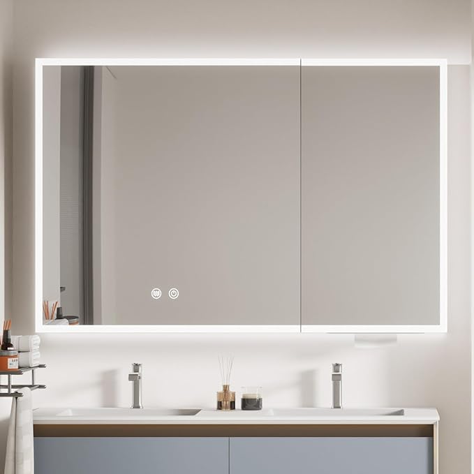 32x24 Lighted Medicine Cabinet with Mirror, Recessed or Surface Led Medicine Cabinet with Color Adjustment and Anti-Fog, 2 Doors Aluminum Cabinet, Cream White (No Assembled Required)