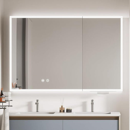32x24 Lighted Medicine Cabinet with Mirror, Recessed or Surface Led Medicine Cabinet with Color Adjustment and Anti-Fog, 2 Doors Aluminum Cabinet, Cream White (No Assembled Required)
