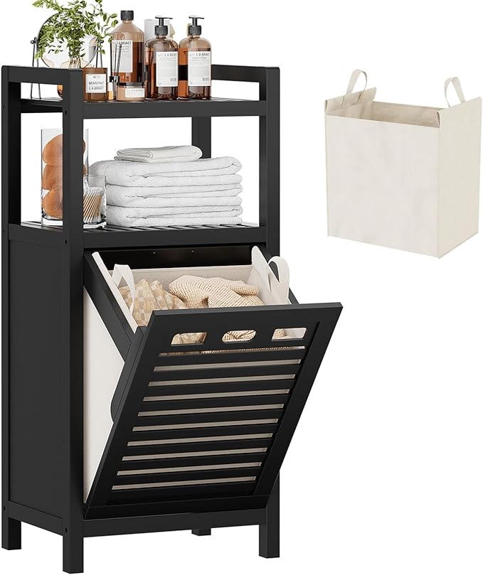 Homykic Tilt Out Laundry Hamper, 10 Gal Bamboo Laundry Storage Cabinet with Removable Basket, Hidden Hamper Organizer with Shelf for Dirty Clothes, Bathroom, Laundry Room, Space Saving, Black