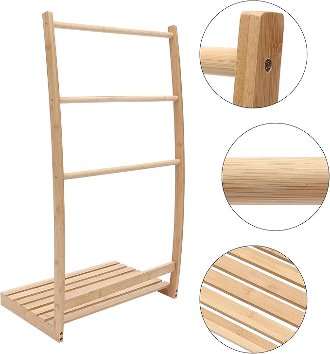 Vintage 33.27”H 3 Layer Bamboo Bathroom Towel Ladder Rack Holder, Freestanding Towel Hanging and Dry Rack Holder, Bath Towel Storage Organizer Shelf for Home Hotel Bathroom