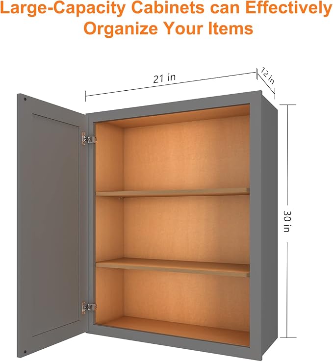 ROOMTEC Wood Wall Cabinet,RTA Single Door Medicine Cabinet with Adjustable Shelves and Soft-Close Door for Kitchen, Bathroom, and Laundry. 12" D*21" W*30" H, Shaker Grey