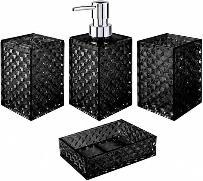 Bathroom Accessory Set, Grid Pattern 4 Pcs Plastic Bathroom Set Include Soap Dispenser, Soap Dish, Toothbrush Holder, Mousewash Cup, Modern Bahtroom D??cor Set, Space Save for Bathroom(Black)