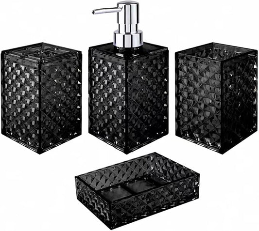 Bathroom Accessory Set, Grid Pattern 4 Pcs Plastic Bathroom Set Include Soap Dispenser, Soap Dish, Toothbrush Holder, Mousewash Cup, Modern Bahtroom D??cor Set, Space Save for Bathroom(Black)