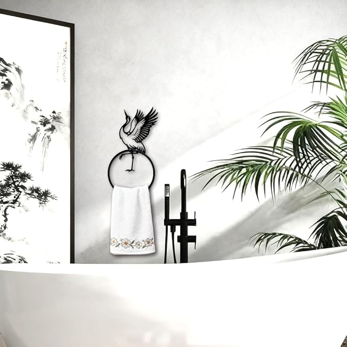 MAYJOYDIY Red-Crowned Crane Metal Towel Ring Round Animal Hand Towel Holder Ring Hanger Wall Mount Black Vintage Towels Wall Organizer for Kitchen Bath Home Laundry Room Decors Gifts