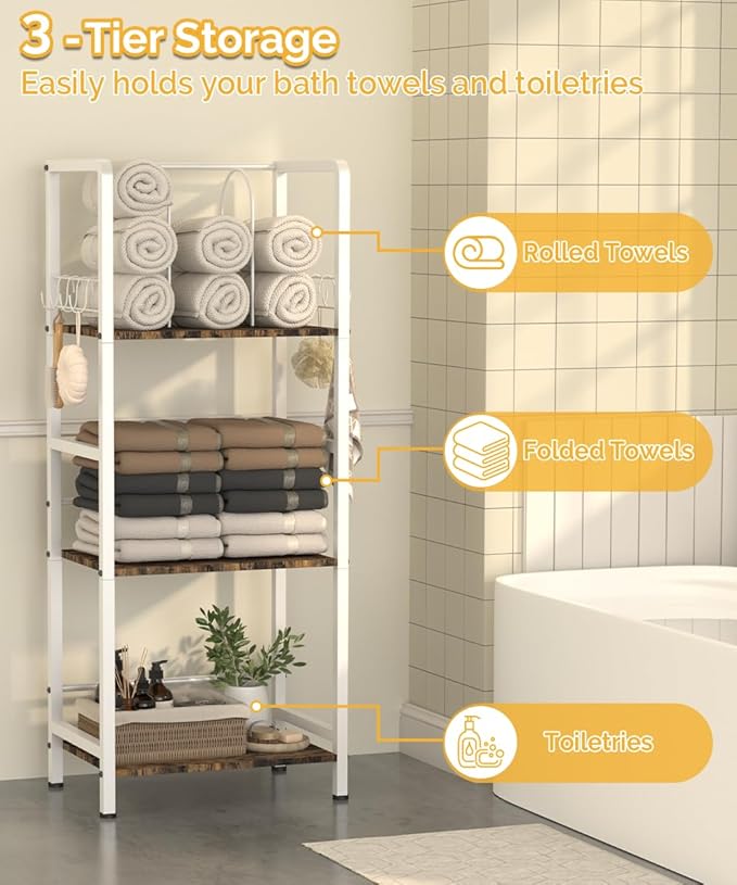 Mondazie Free Standing Towel Racks for Bathroom with U-Shaped Detachable Dividers, 3-Tier Floor Towels Holder Stand with Shelf & 8 S-Hooks, Metal Pool Towel Storage Organizer for Home, Poolside, White