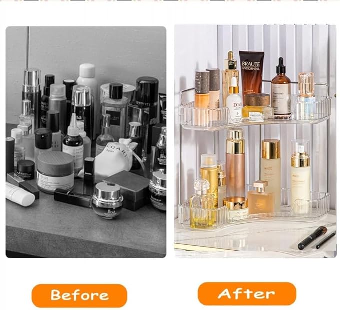 CESTATIVO Corner Bathroom Counter Organizer, Vanity Trays for Bathroom, Skincare Makeup Organizer Shelf, Shelf Cosmetics, Toiletries, Lotions, Perfumes (2 Tiers, Clear)