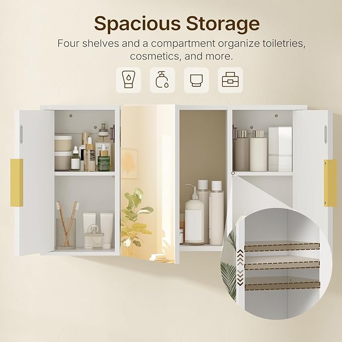 YATINEY Bathroom Wall Cabinet with Mirror, Medicine Cabinet Mirror, Wall Mounted Medicine Cabinet, Mirrored Door Over The Toilet Storage, for Laundry Room, Bedroom, Camper, Hallway, White