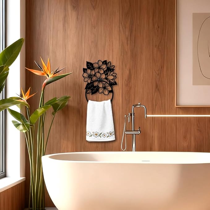 MAYJOYDIY Flower Clusters Metal Towel Ring, Frangipani Flowers Black Hand Towel Holder, Branch Leaves Hanging Ring Wall Mounted Bathroom Accessories for Bathroom Kitchen Home Decoration Gift