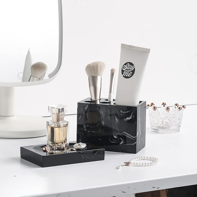 5 Piece Bathroom Accessories Set, Marble Resin Bathroom Vanity Set, Soap Dispenser, Toothbrush Holder, Soap Dish & 2 Tumblers, Bathroom Countertop Organizer Set (Ink White)