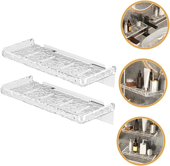 Homoyoyo 2pcs Wall Mount Holder Storage Shelf for Bathroom Transparent Wave Pattern Floating Organizer Rack Wall Shelf for Kitchen Bathroom and Living Storage