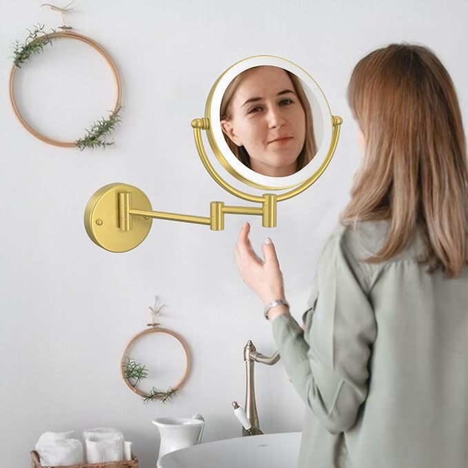 Make up Mirror Wall Mounted with Lights and 10X Magnification Rechargeable, 8" Double Sided, 3-Colors Touch Dimmable Extended Arm 360 Rotation Foldable Cosmetic Mirror, Brushed Gold