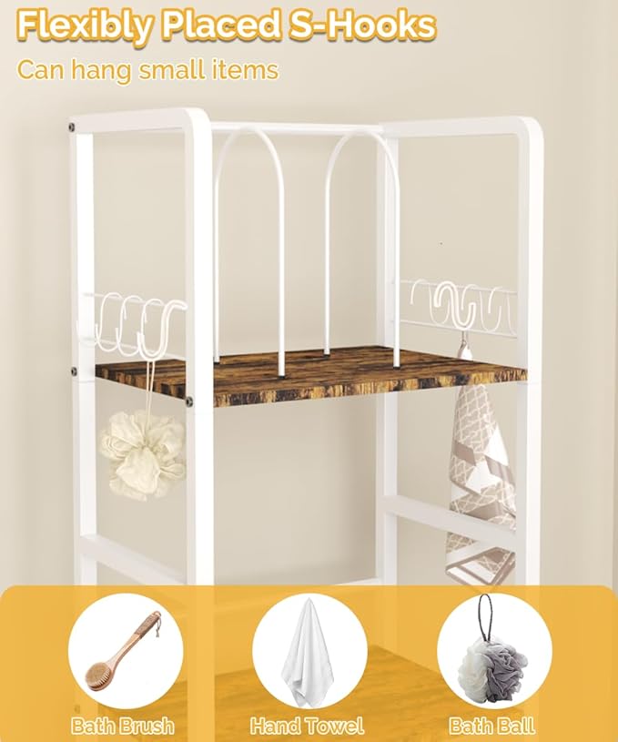 Mondazie Free Standing Towel Racks for Bathroom with U-Shaped Detachable Dividers, 3-Tier Floor Towels Holder Stand with Shelf & 8 S-Hooks, Metal Pool Towel Storage Organizer for Home, Poolside, White