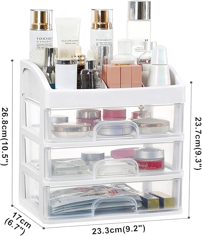 Makeup Organizer for Vanity, Skincare Organizers with 3 Drawers, Cosmetics Organizer for Skin Care, Eyeshadow, Brushes, Lipstick, Powders, Nail Polish.Great for Dresser, Bedroom, Bathroom (White)